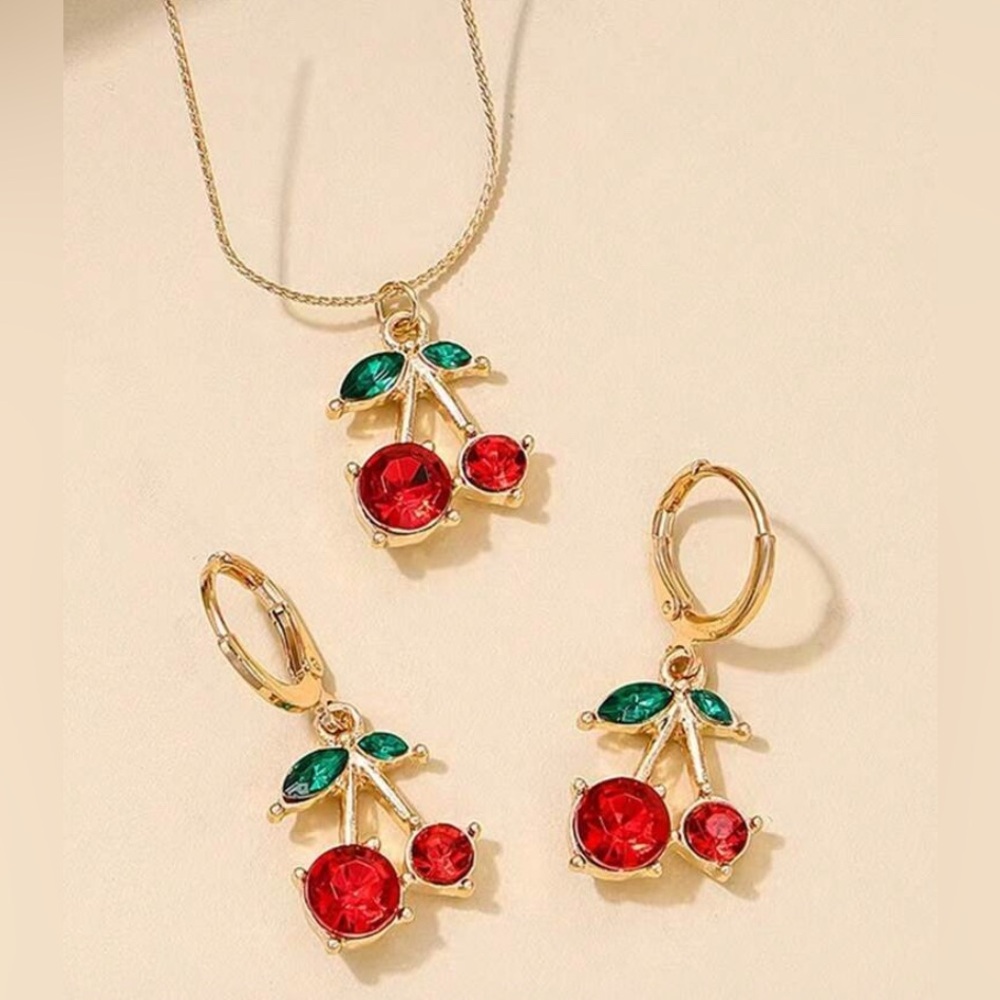 Cherry Pendant and Earrings Set in Gold and Red